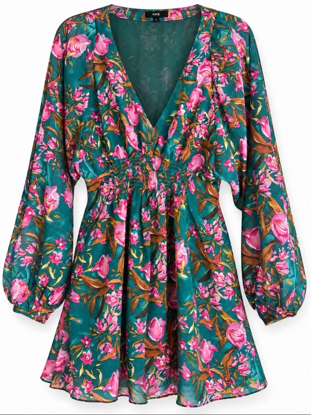 Fate Teal Mini Dress with Pink Floral Print